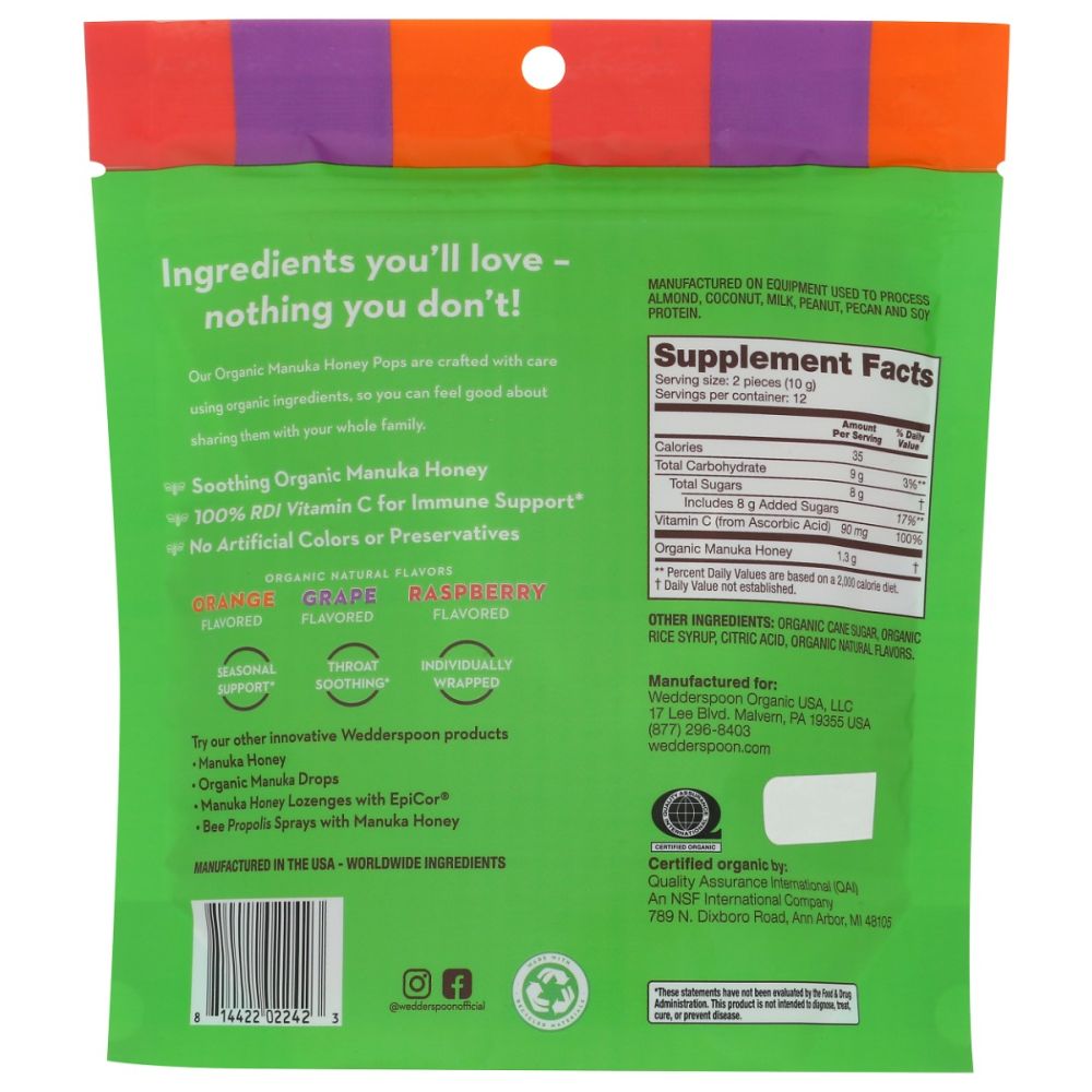 WEDDERSPOON: Organic Manuka Honey Pops Variety, 4 oz