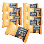 Twelve peanut butter chocolate chip blondie bars in orange packaging with clean, high-protein, gluten-free ingredients.
