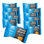 Twelve high-protein Salted Caramel Blondie Bars in blue packaging, showing clean, gluten-free, honey-sweetened ingredients.