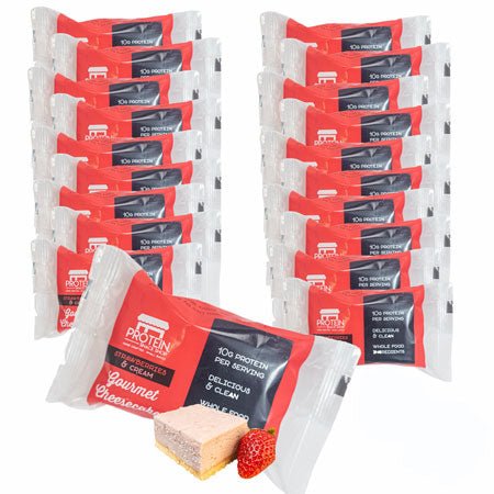 Twenty strawberry cheesecake bars in red packaging with a cut bar and strawberry, made with clean, gluten-free ingredients.