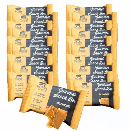 Twenty gluten-free, high-protein Blondie Bars from Protein Snack Shop arranged in rows with clean, honey-sweetened packaging.