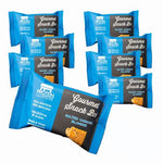 Eight Salted Caramel Blondie Bars in blue packaging with clean, high-protein, gluten-free ingredients.