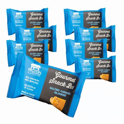 Eight Salted Caramel Blondie Bars in blue packaging with clean, high-protein, gluten-free ingredients.