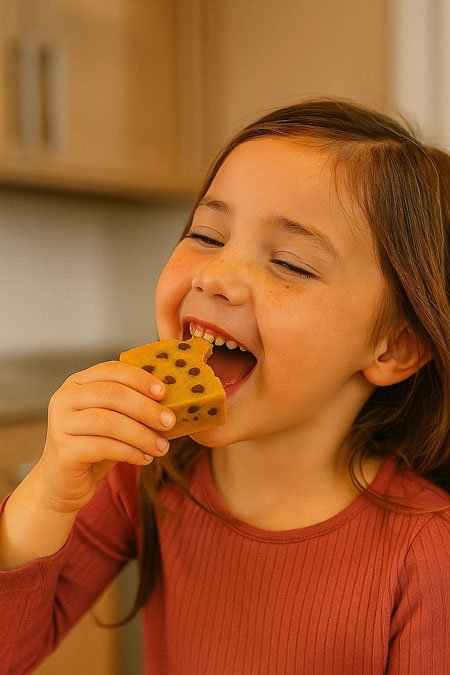 Young girl enjoying a Peanut Butter Chocolate Chip Blondie with clean, high-protein, gluten-free ingredients.