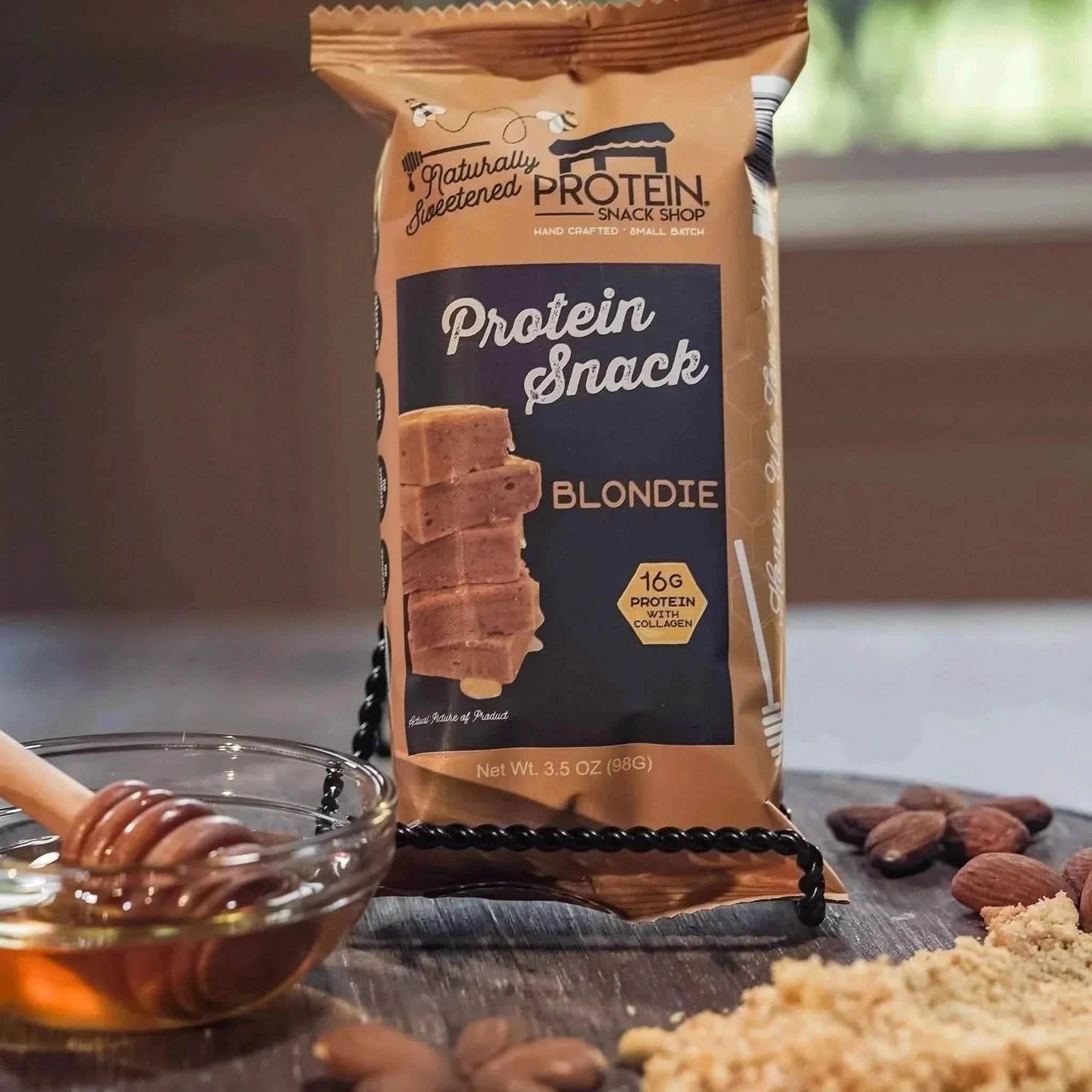 Front view package of gourmet honey-sweetened blondie protein snack, 5-count, gluten-free and high-protein.