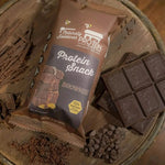 Top view package of gourmet honey-sweetened chocolate brownie protein snack, 5-count, gluten-free and high-protein.