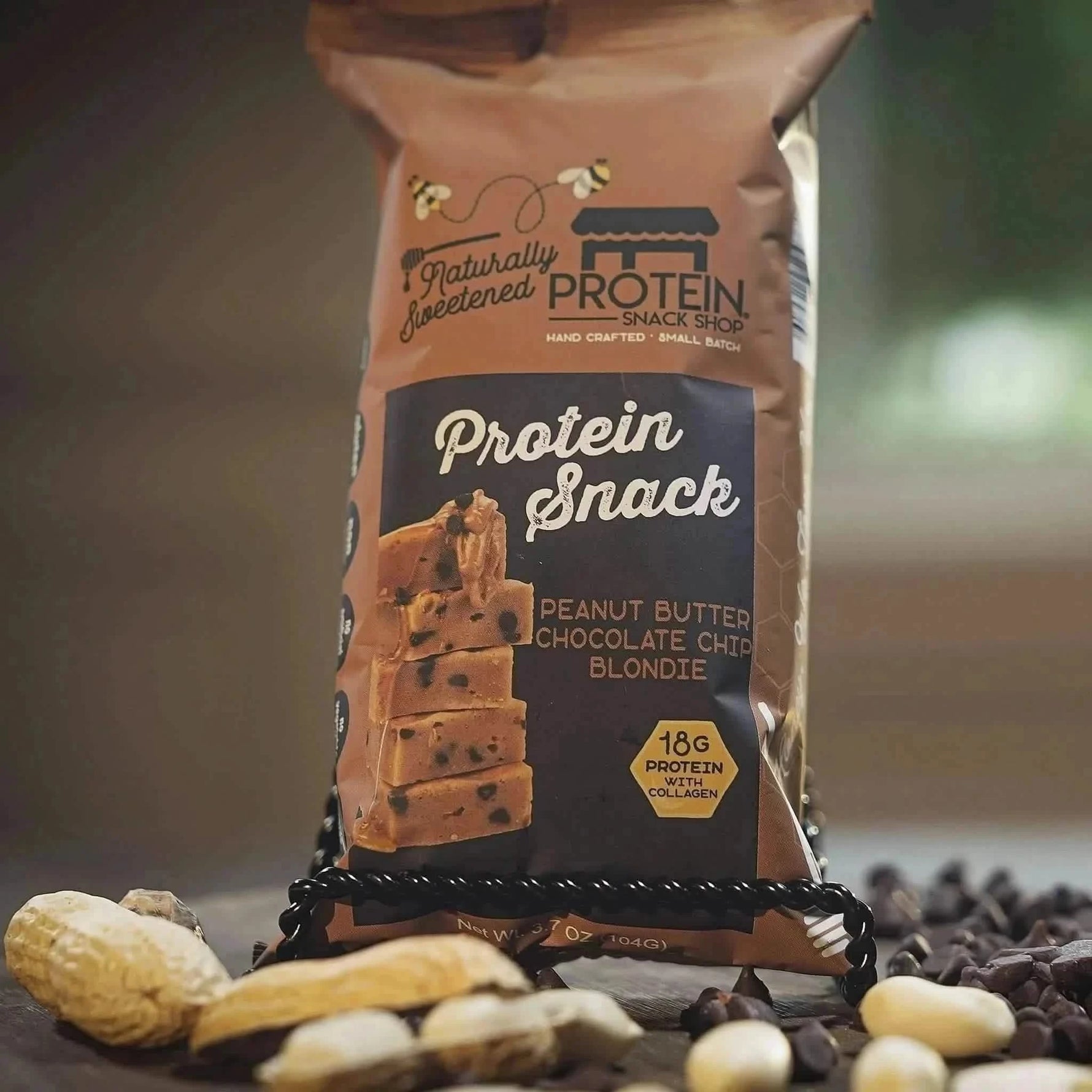 Front view package of gourmet honey-sweetened peanut butter chocolate chip blondie protein snack, 5-count, gluten-free and high-protein.