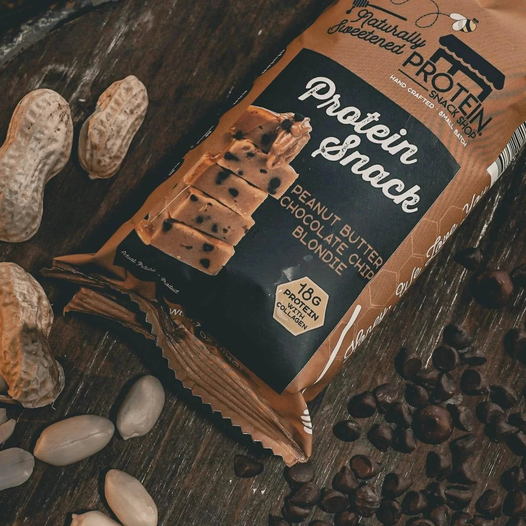 Top view package third of gourmet honey-sweetened peanut butter chocolate chip blondie protein snack, 5-count, gluten-free and high-protein.