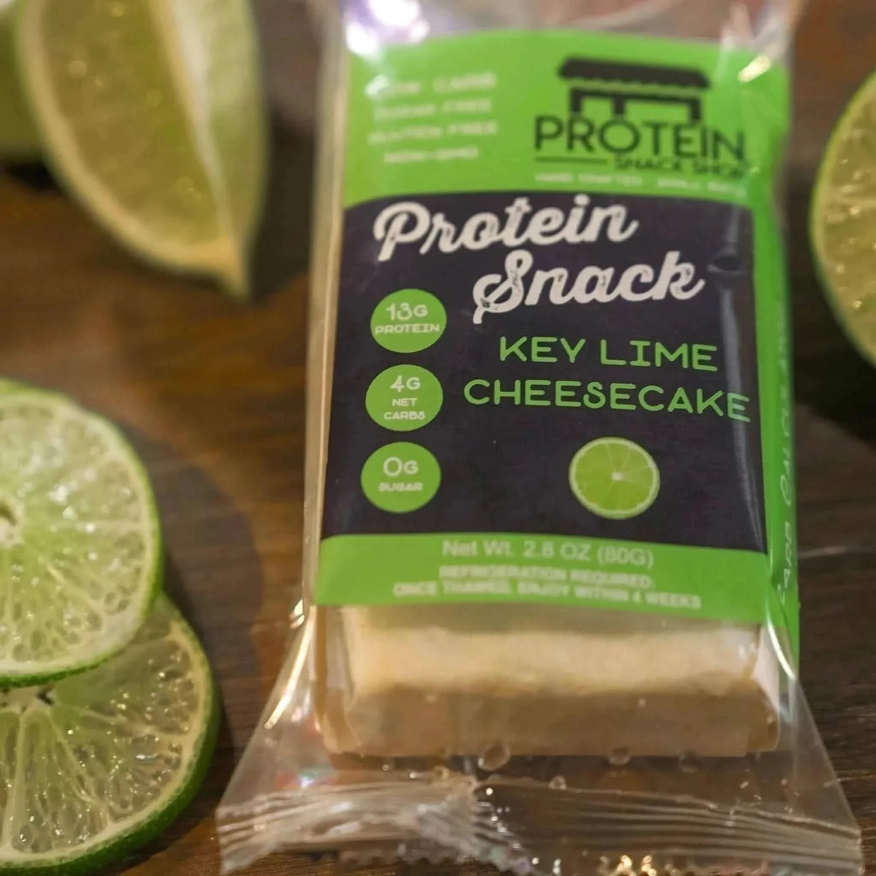 Top view package of key lime cheesecake protein snack, 5-count, gluten-free and keto-friendly.