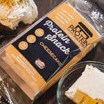 Top view package of original cheesecake protein snack, 5-count, gluten-free and keto-friendly.