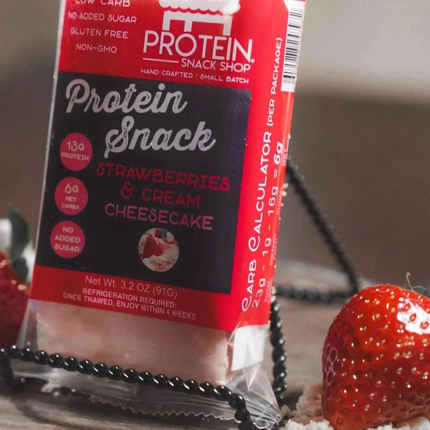 Front View Second Gourmet low-carb strawberries and cream cheesecake protein snack, 5-count, gluten-free and keto-friendly.