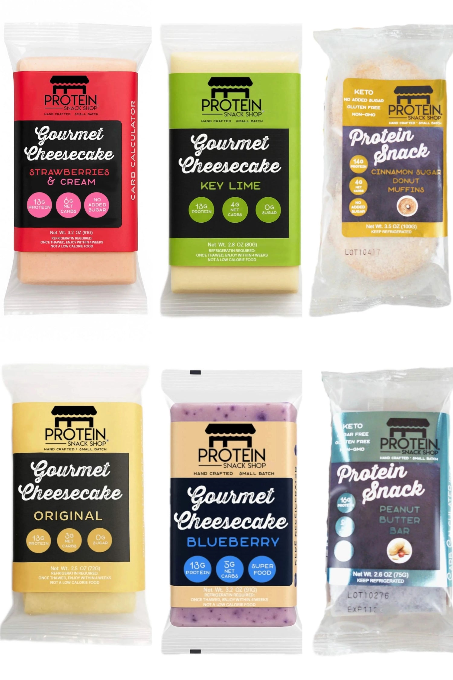 Six individually wrapped Protein Snack Shop items, including strawberries & cream cheesecake, key lime cheesecake, cinnamon donut muffin, original cheesecake, blueberry cheesecake, and a peanut butter bar, displayed in a grid layout.