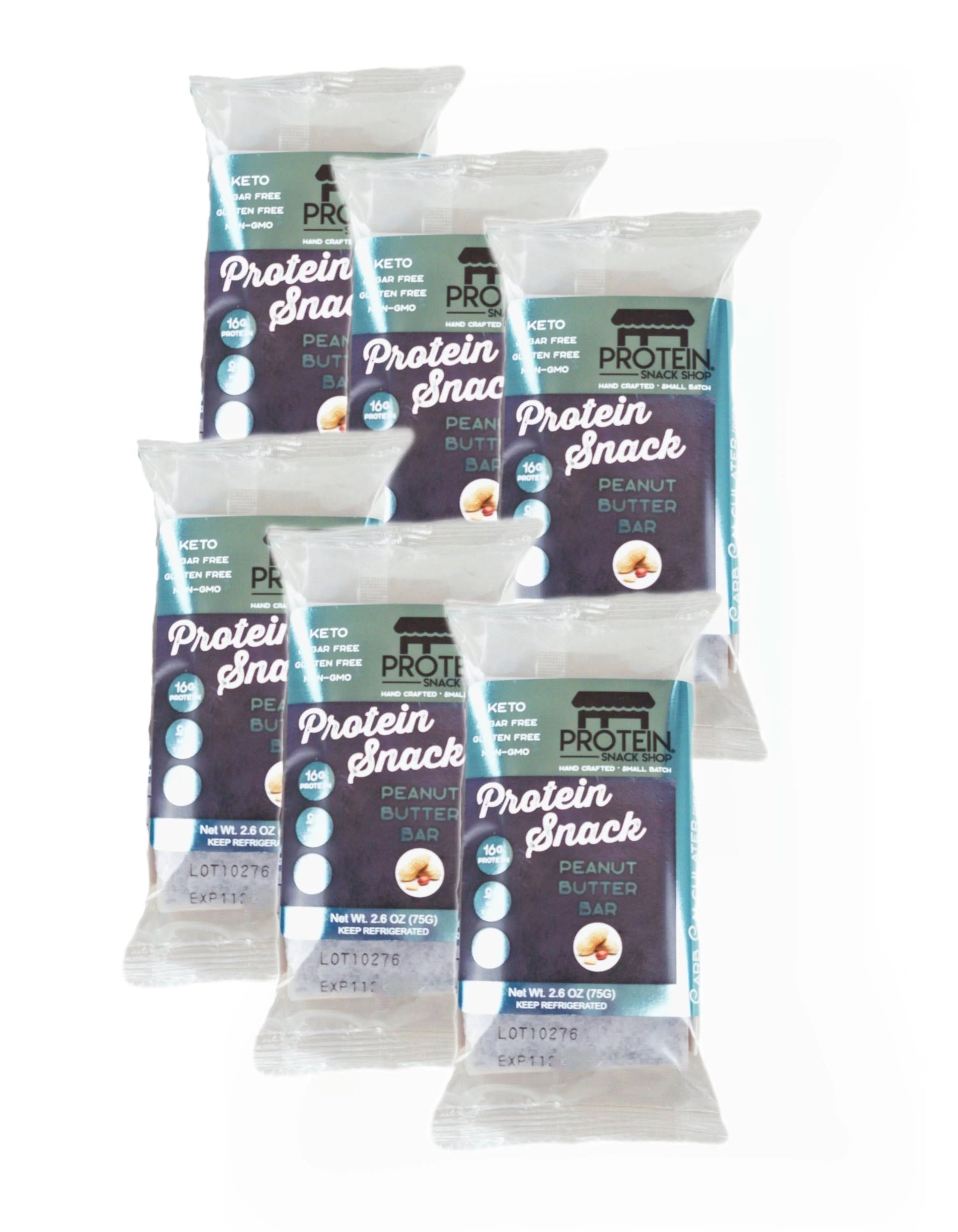 Six individually wrapped Protein Snack Shop Peanut Butter Bars arranged together, gluten-free, and containing 8g protein per serving.