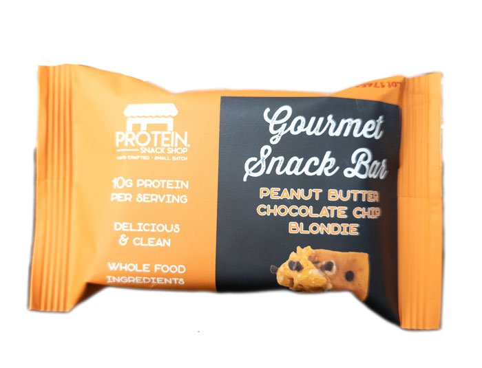 Peanut butter chocolate chip blondie bar in orange packaging with clean, high-protein ingredients.