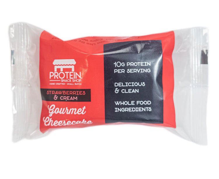 Strawberry cheesecake protein bar in red packaging, made with clean, gluten-free, high-protein ingredients.