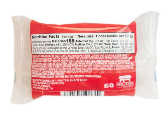 Back of strawberry cheesecake protein bar showing nutrition facts and ingredients, clean and gluten-free.