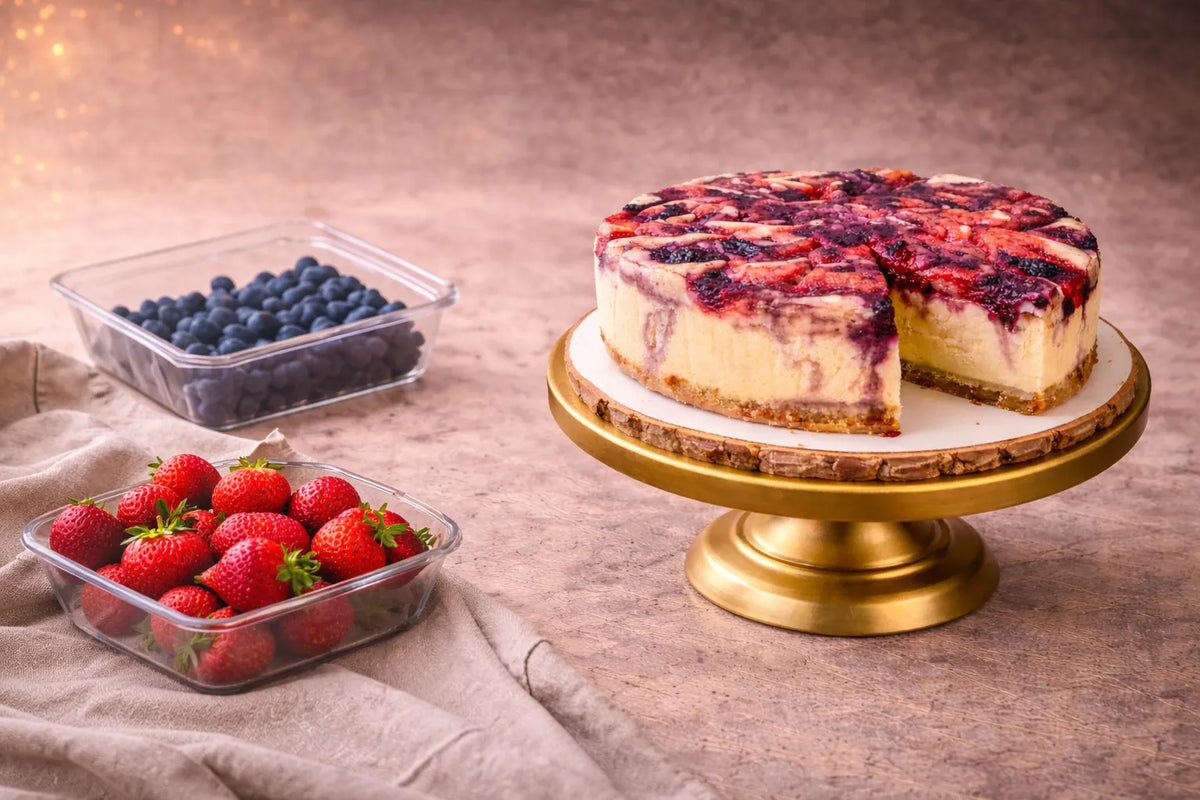Berry swirl cheesecake on gold stand with fresh strawberries and blueberries, premium high protein dessert