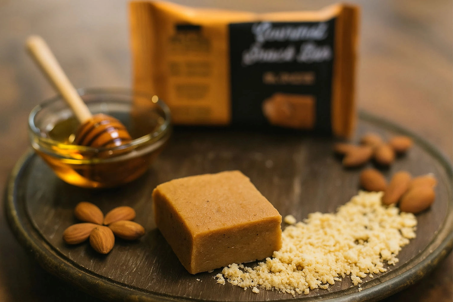 Honey-sweetened almond blondie square displayed on a wooden board with whole almonds, almond flour crumbles, and a bowl of honey, highlighting clean-ingredient, high-protein snacking.