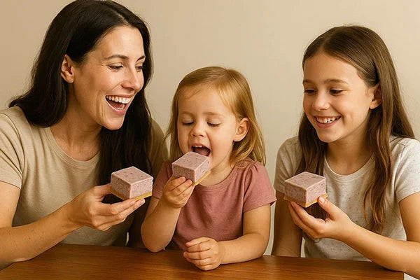 Mom and kids eating clean-ingredient, high-protein cheesecake bars from Protein Snack Shop.