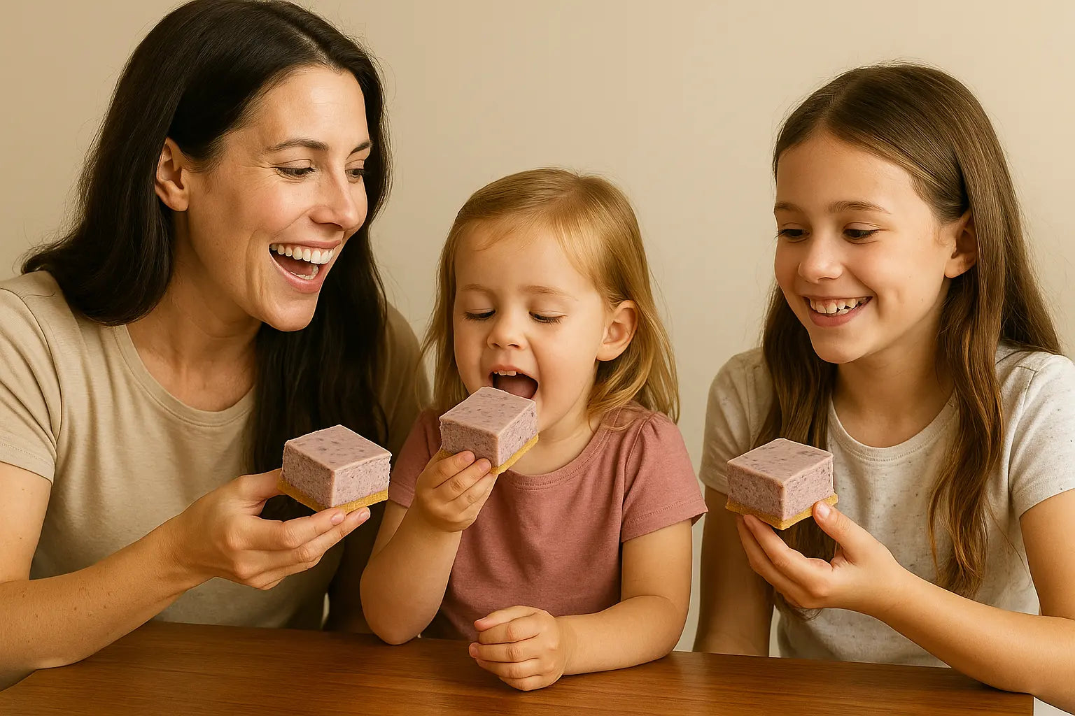Mom and kids eating clean-ingredient, high-protein cheesecake bars from Protein Snack Shop.