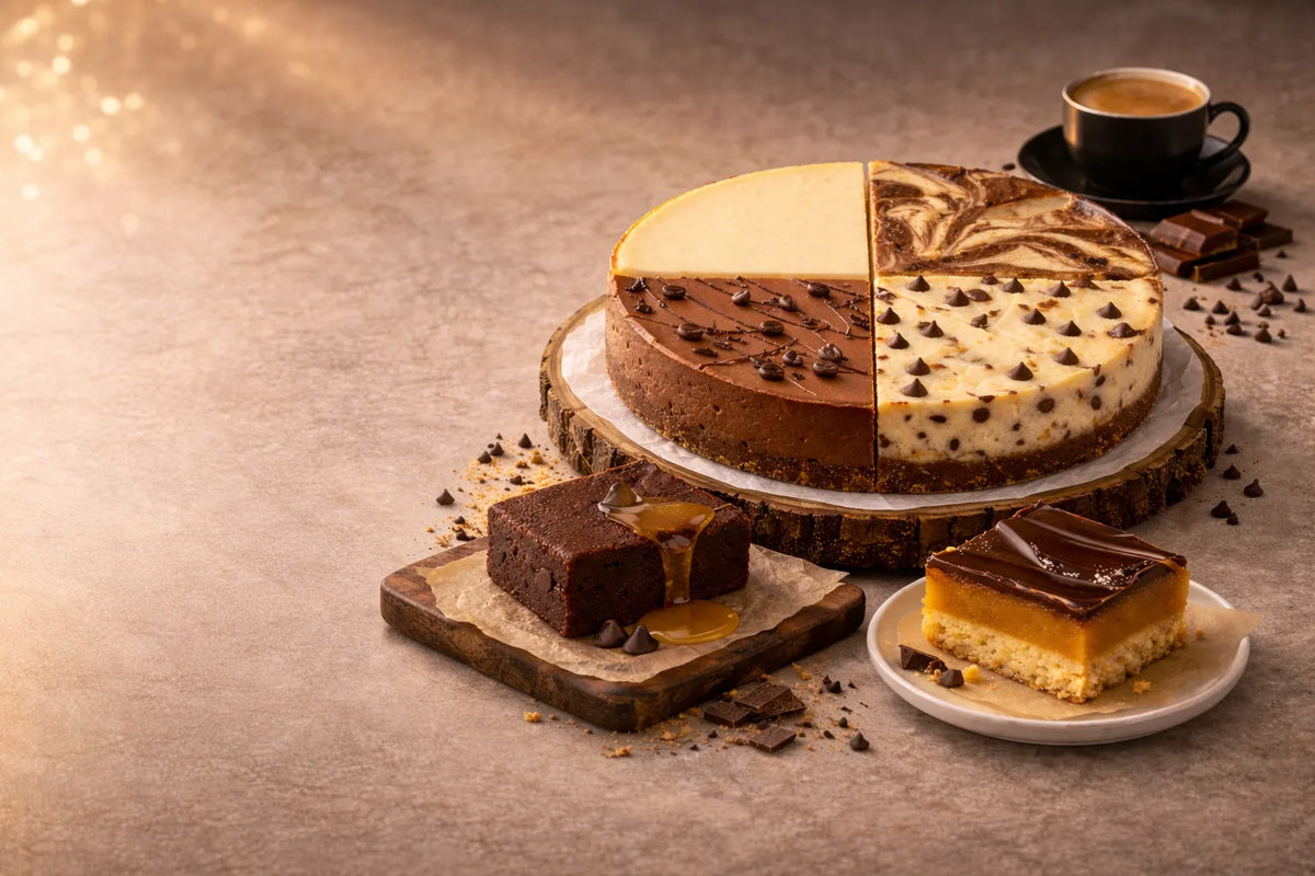 Protein cheesecake variety with chocolate, vanilla and marble slices, served with brownie and caramel dessert bars