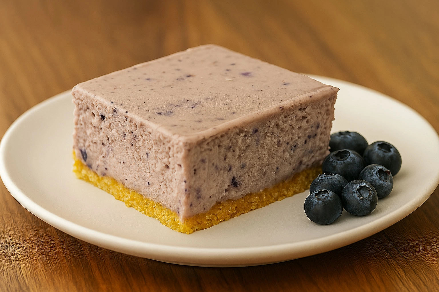 Blueberry protein cheesecake bar on a plate with fresh blueberries, made with whole-food ingredients and 10g of protein.