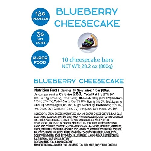 
            
                Load image into Gallery viewer, Protein Snack Shop Gourmet Keto Cheesecake Dessert Bars - 5g Net Carbs - Real Cream Cheese - Gluten Free - Diabetic &amp;amp; Celiac Friendly (10 bars - 28.2oz) (Blueberry)
            
        
